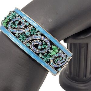 Blue Enamel Rhinestone Filagree Clamper Bangle Bracelet Flower Sparkle Glam 6.5"